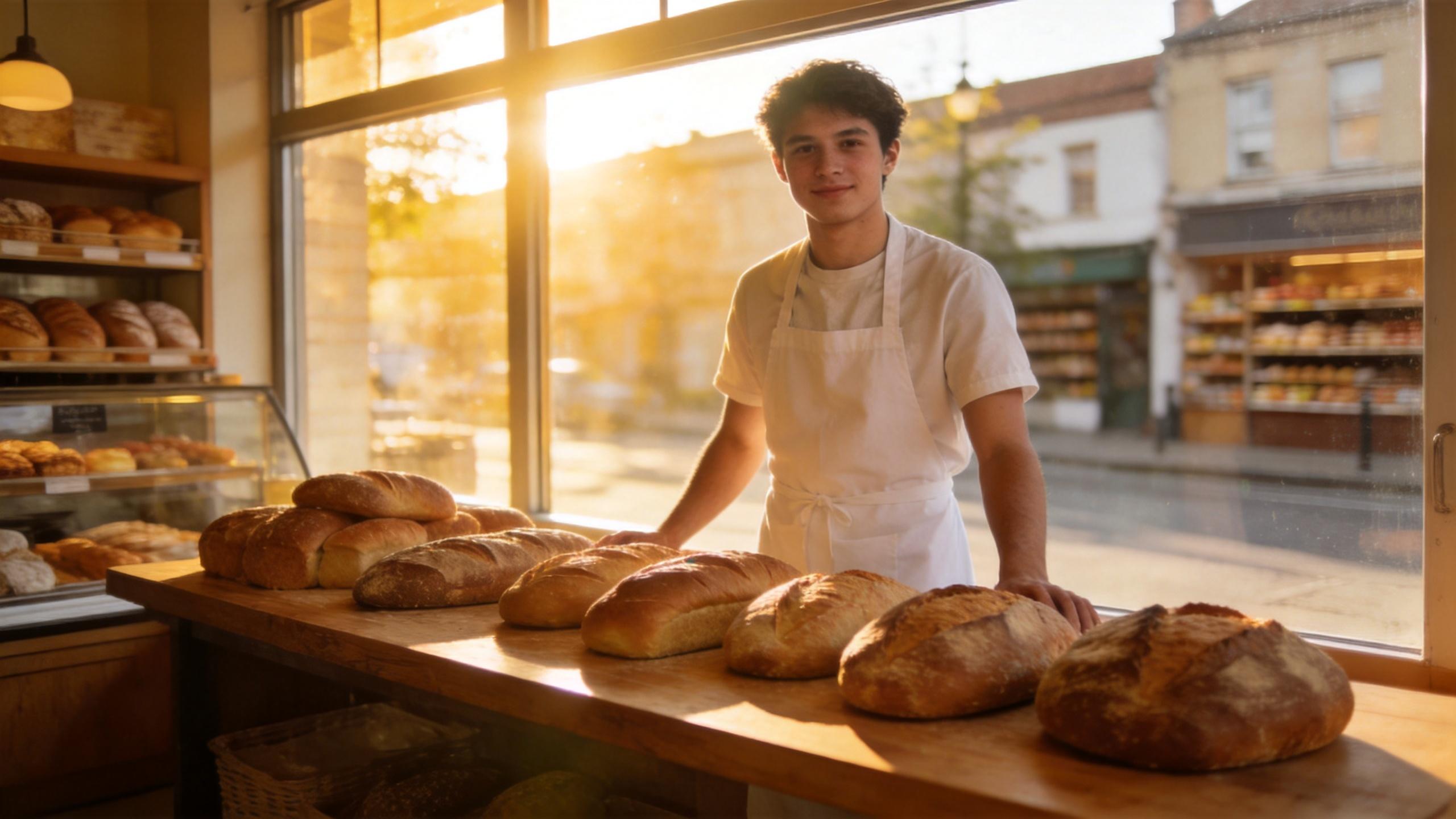 Baker in white apron stands behind loaves of bread in a sunlit bakery.