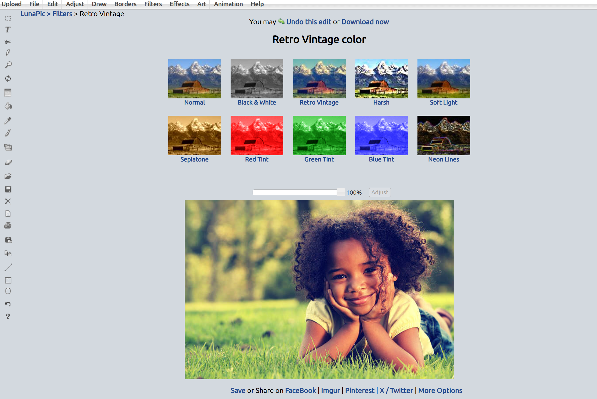 Interface of Lunapic - a versatile online vintage photo editor