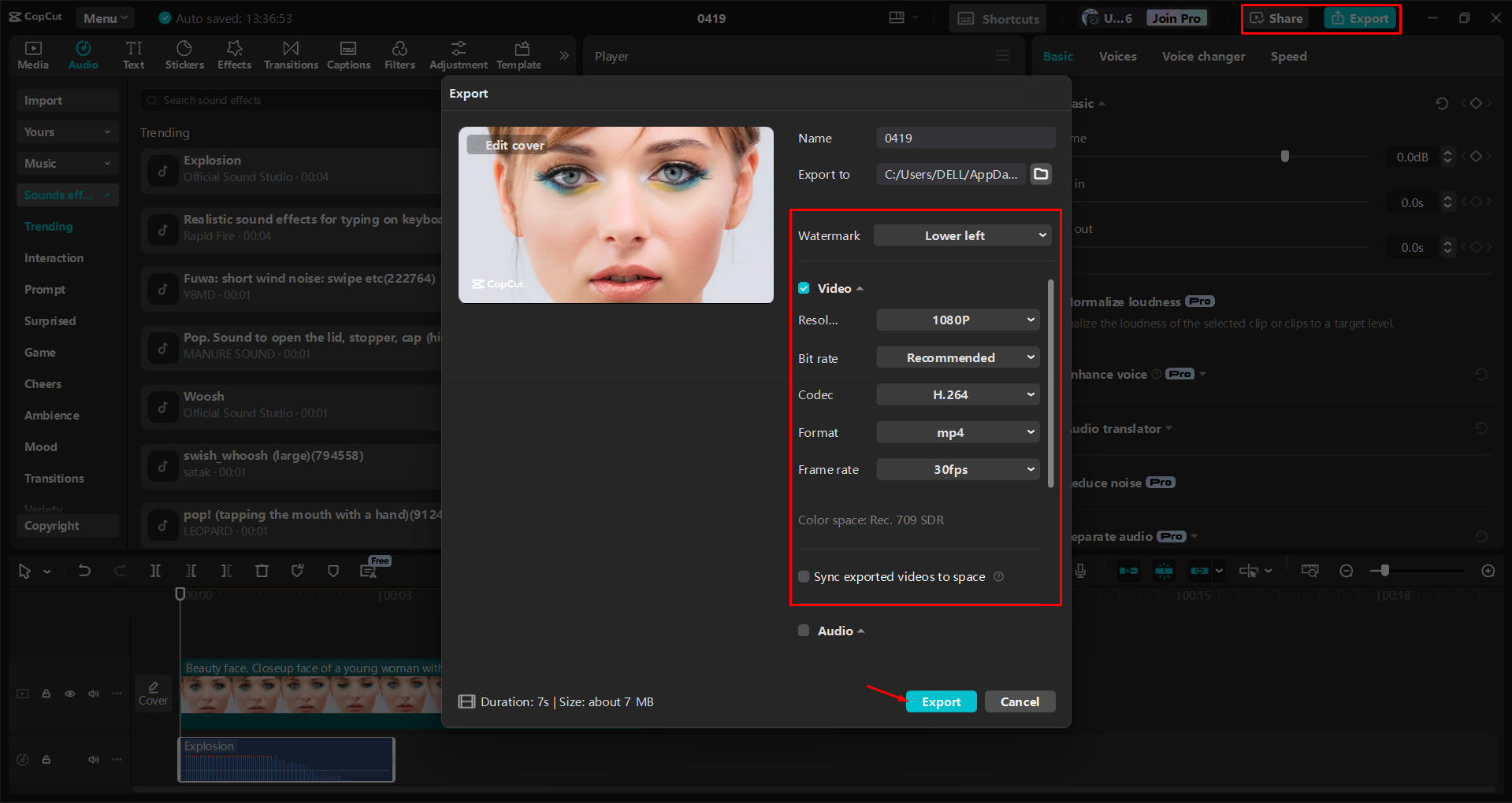 Exporting a video from the CapCut desktop video editor