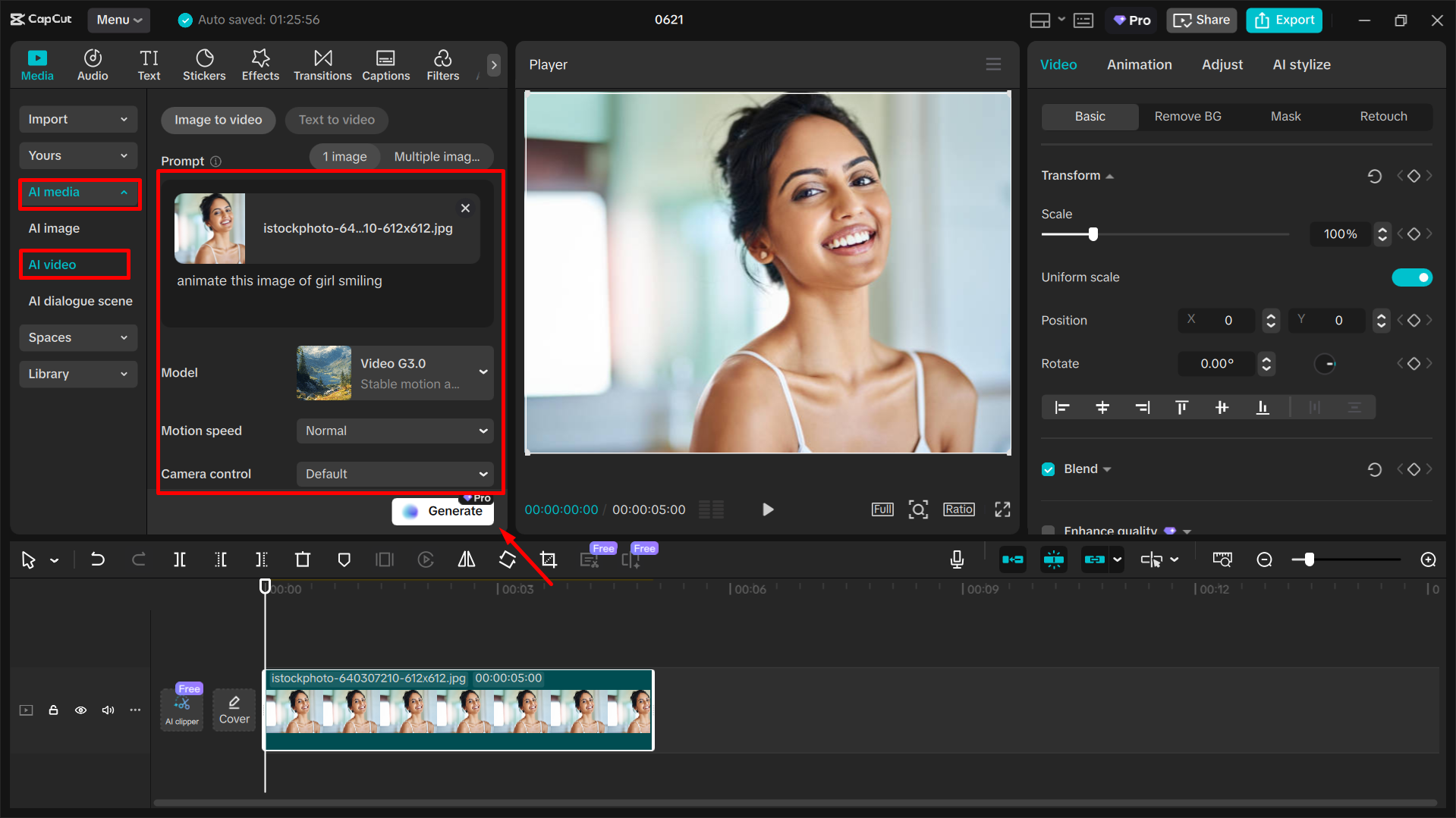 Importing the image into the CapCut desktop video editor