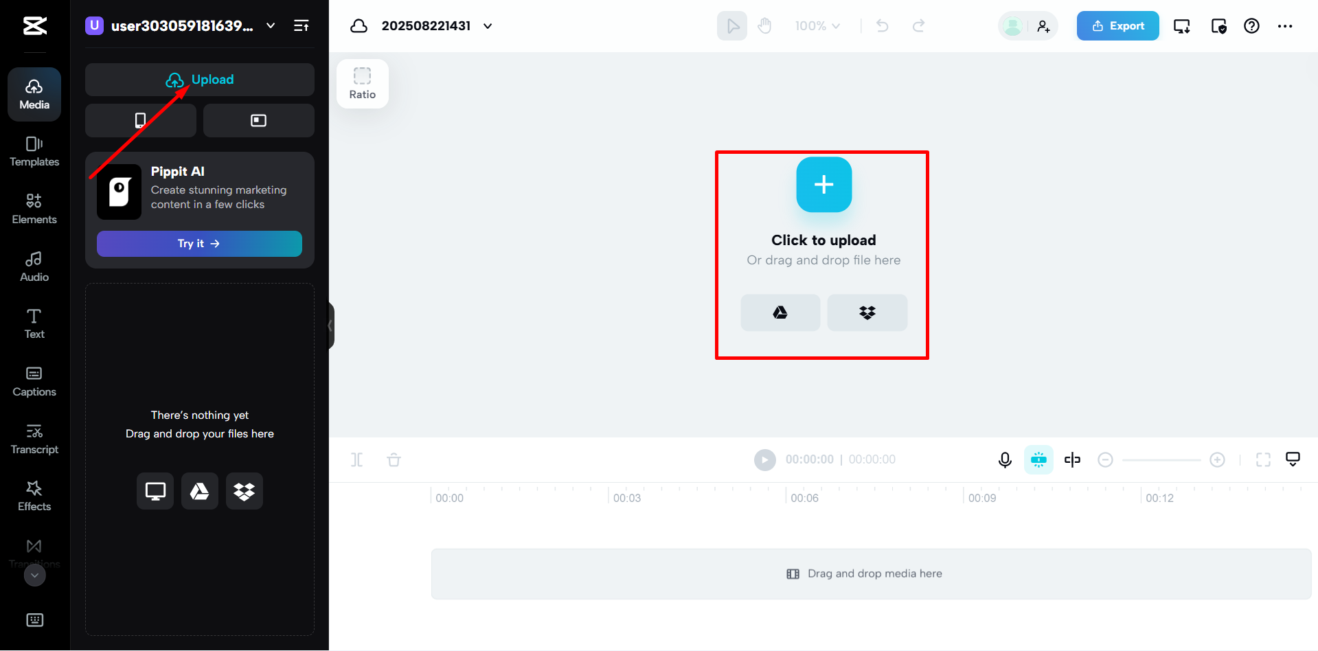 Uploading your video to the CapCut Web