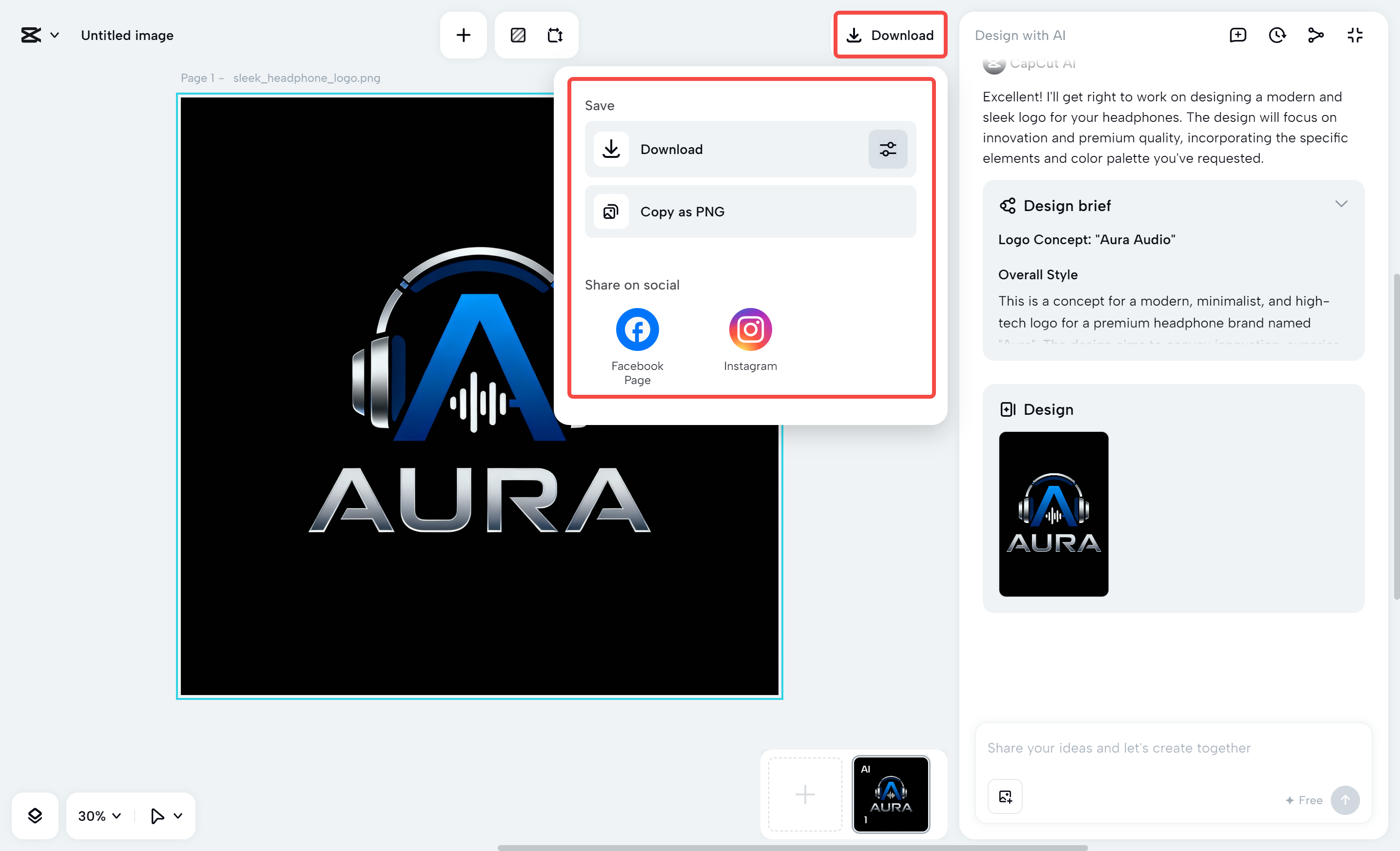 AI tarafından oluşturulan logoyu CapCut masaüstü video düzenleyicisinden indirme