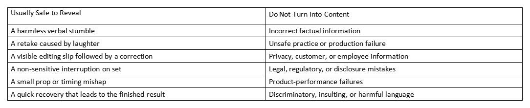 Table comparing mistakes safe to reveal versus ones not to turn into content