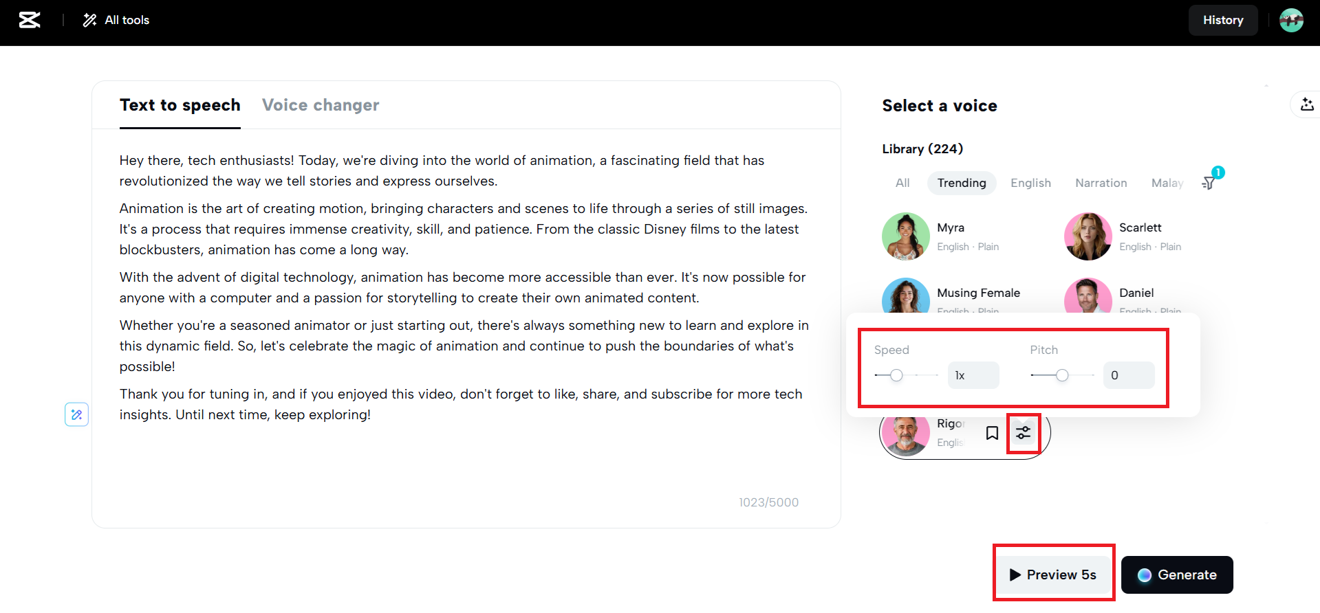 Adjust the speed and pitch and click on preview