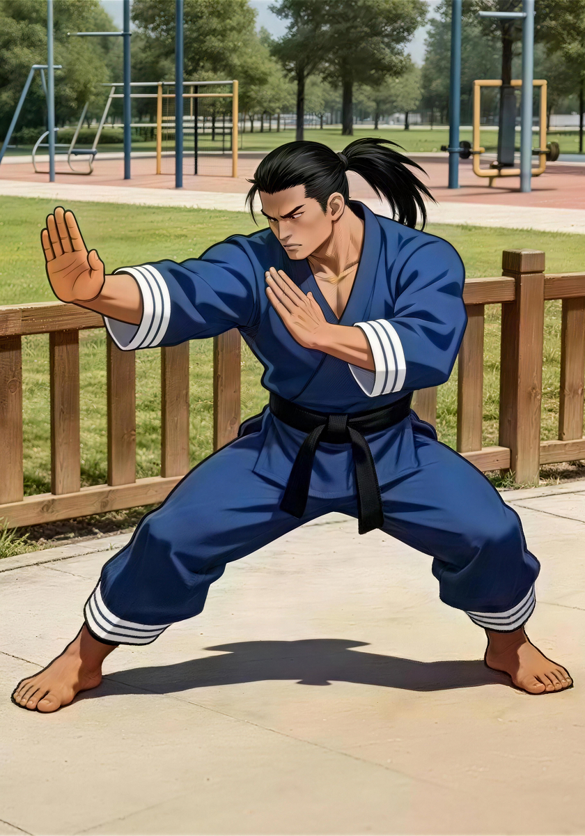 Make the characters from Image 1 and Image 2 fight using the movements from the green-screen reference video. Setting: abandoned parking lot. Add visual effects during combat.