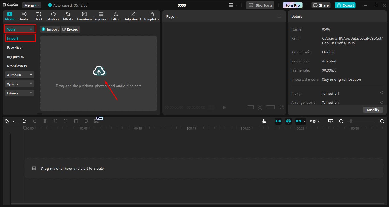 Mengunggah video ke editor video desktop CapCut