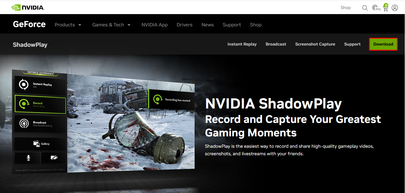 A interface do NVIDIA ShadowPlay - um gravador de tela 4k gratuito para PC