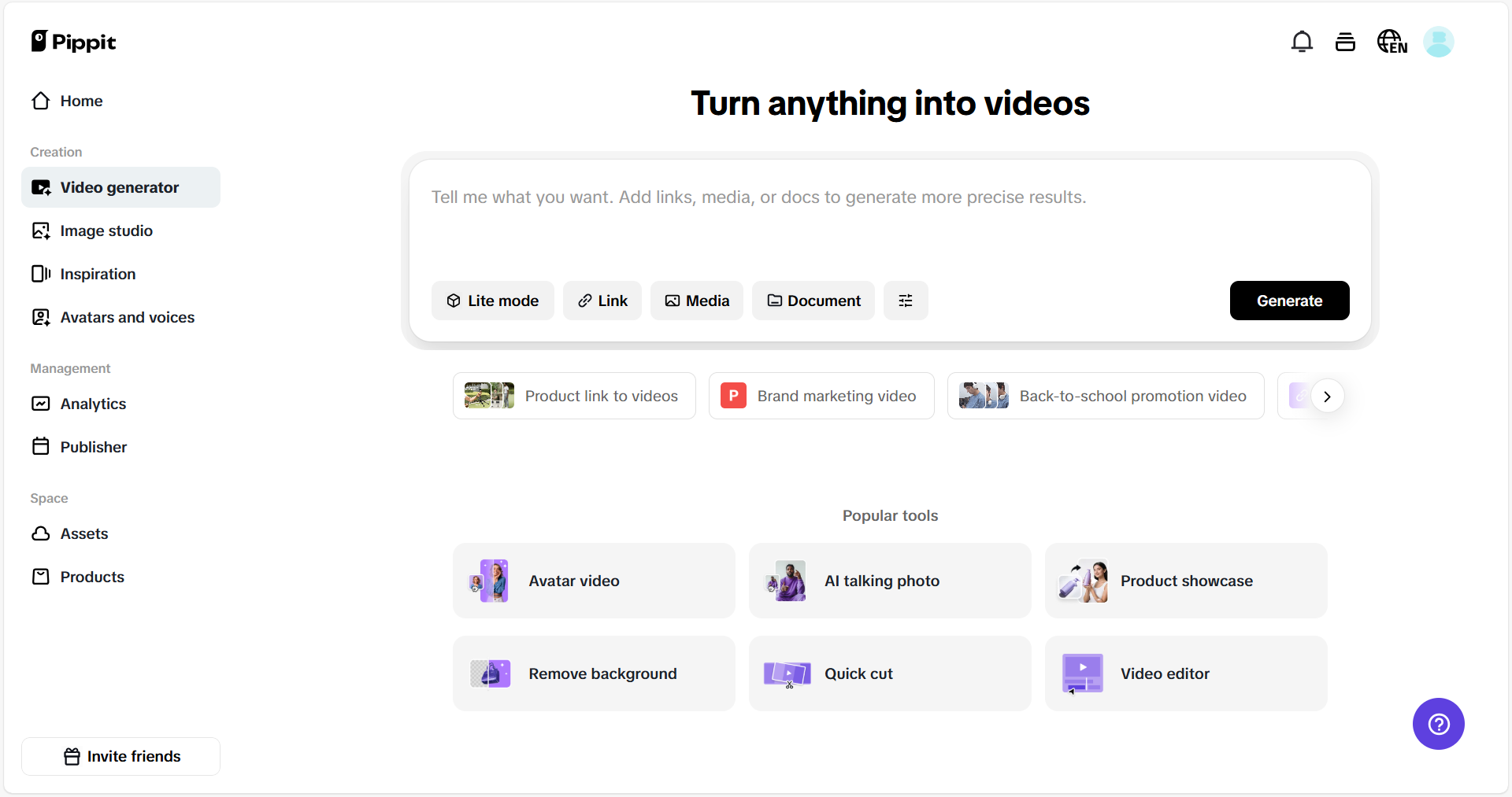 Pippit's video generator interface