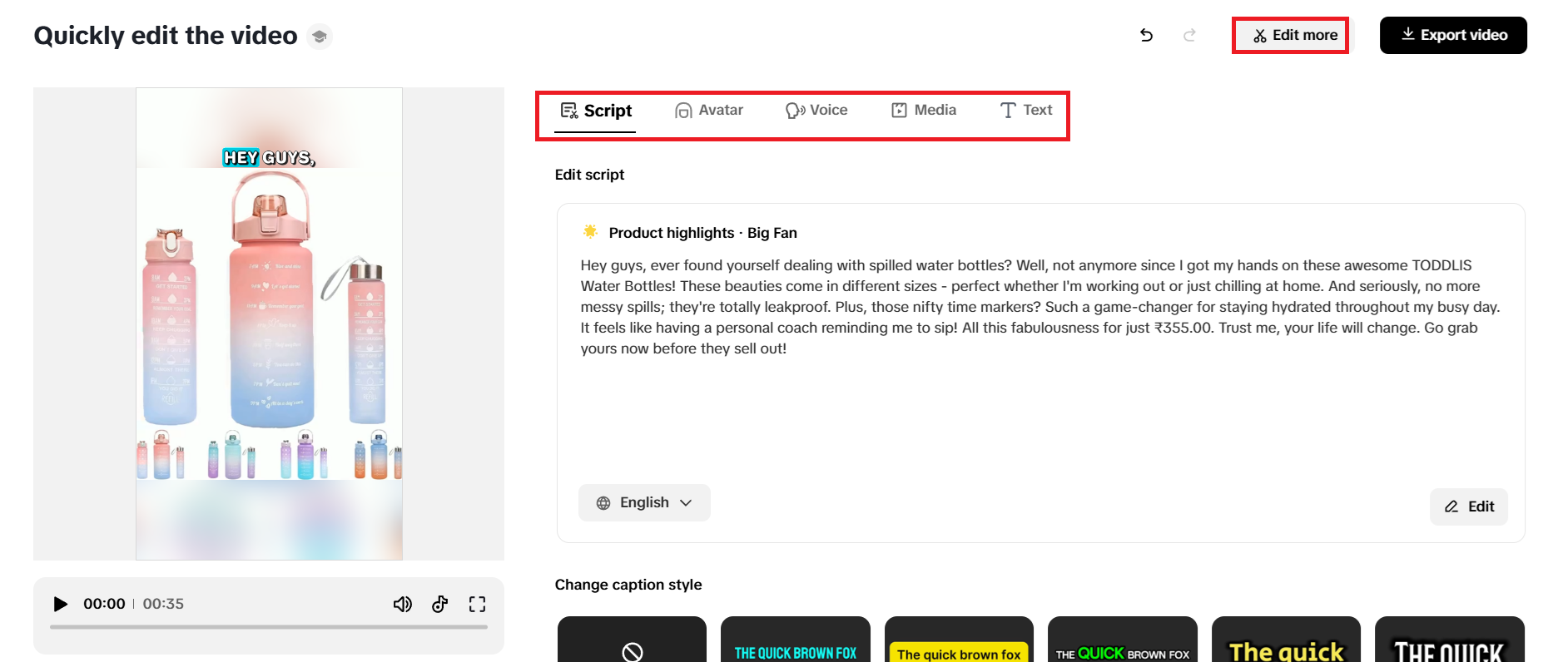 Quick editing options