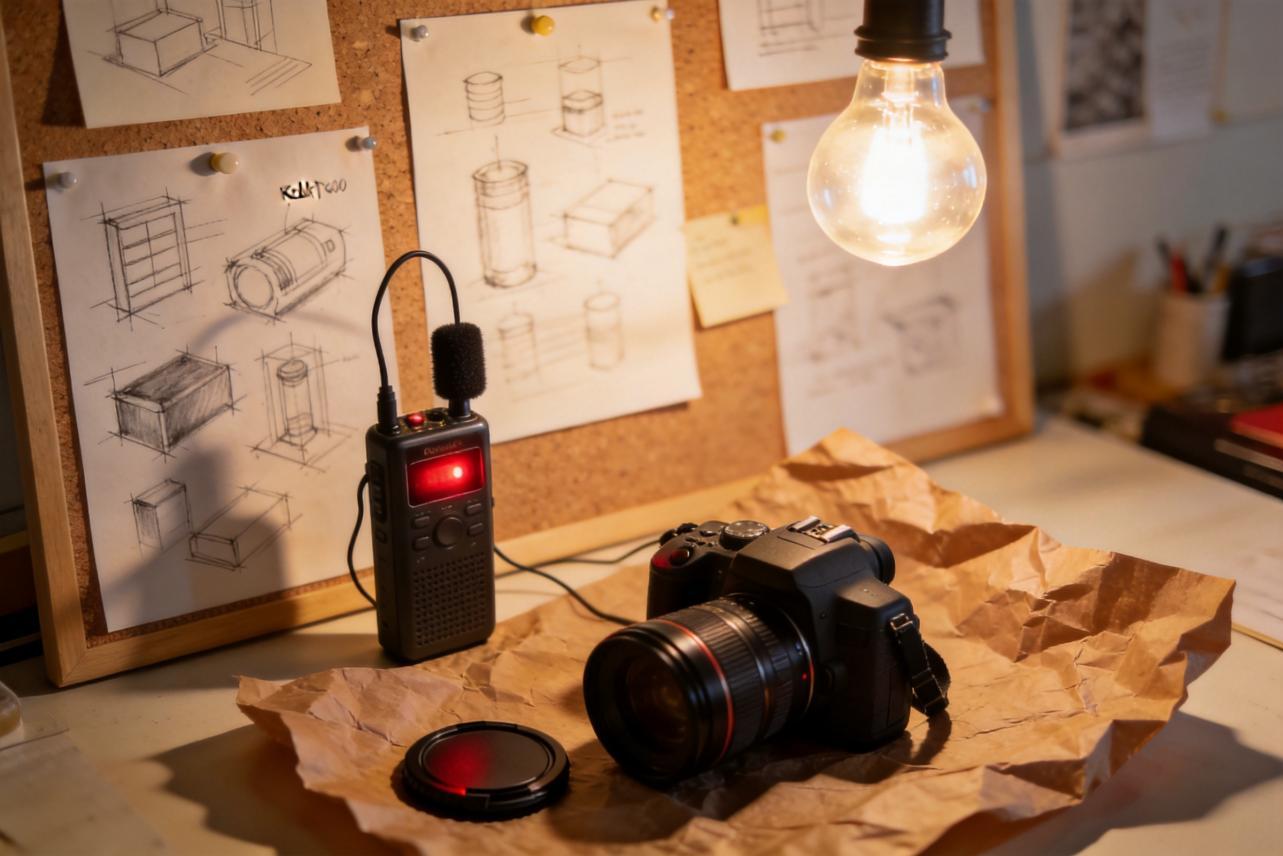 Camera, audio recorder, and sketch drafts on a desk under a hanging light bulb