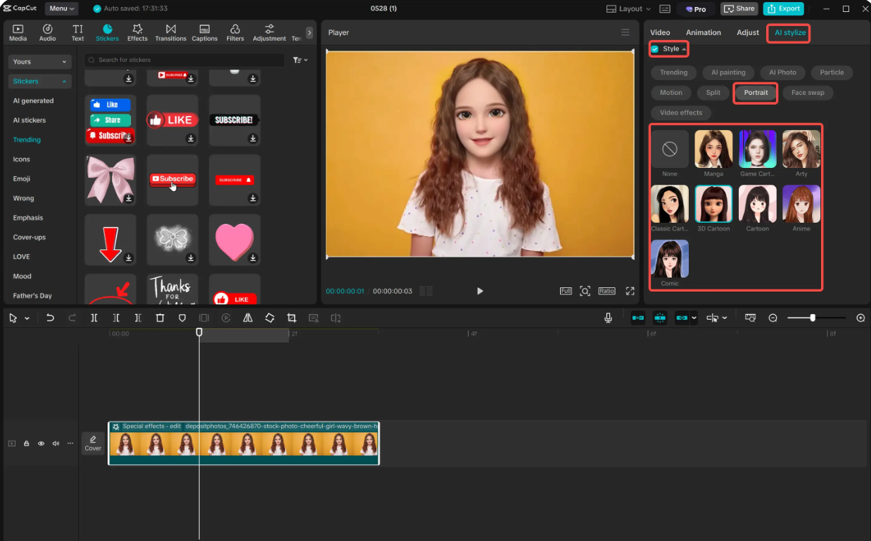 Converting a picture to an avatar using CapCut desktop video editor