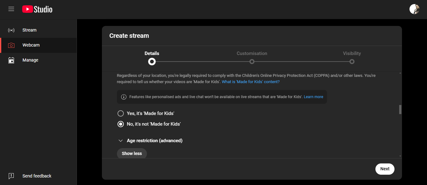 Configure the stream settings