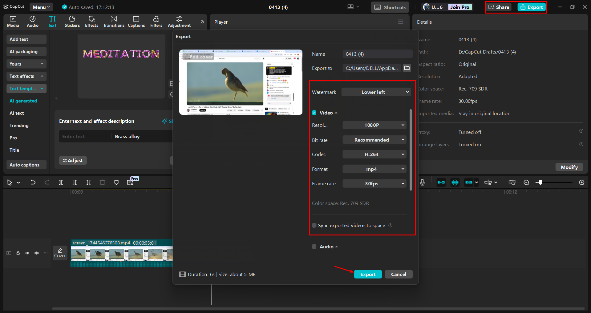 Exportieren eines Videos aus dem CapCut Desktop-Video-Editor