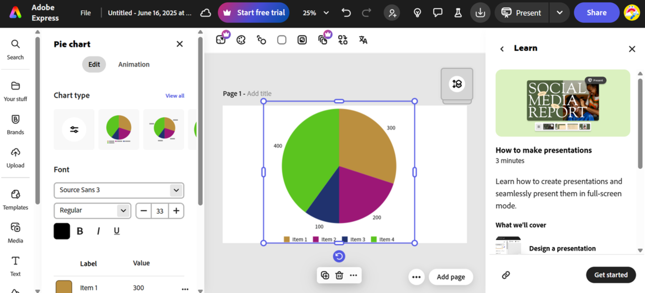 Interface d'Adobe Express - un générateur de diagrammes circulaires fiable
