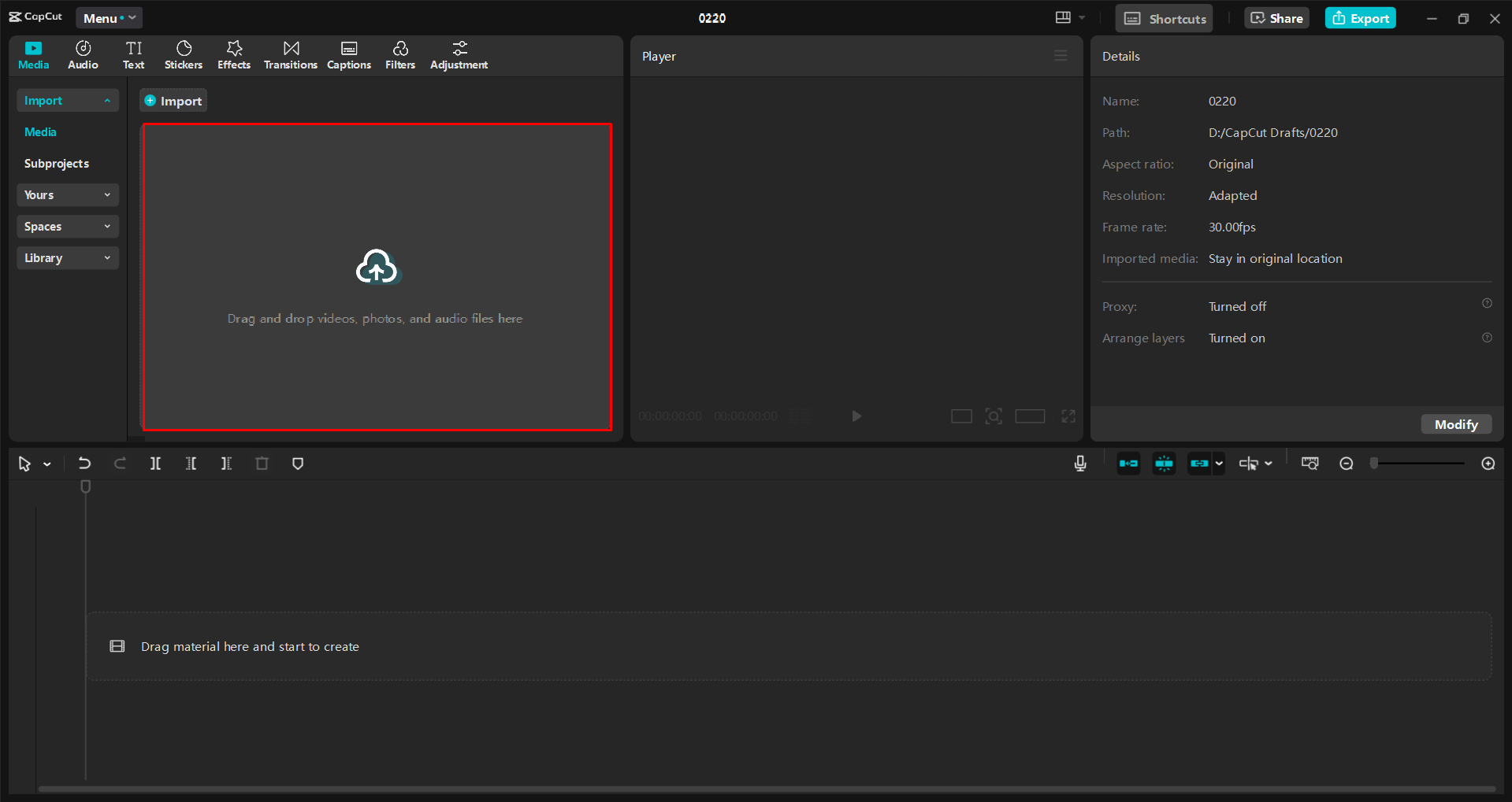 Importazione di un video nell' CapCut editor video desktop