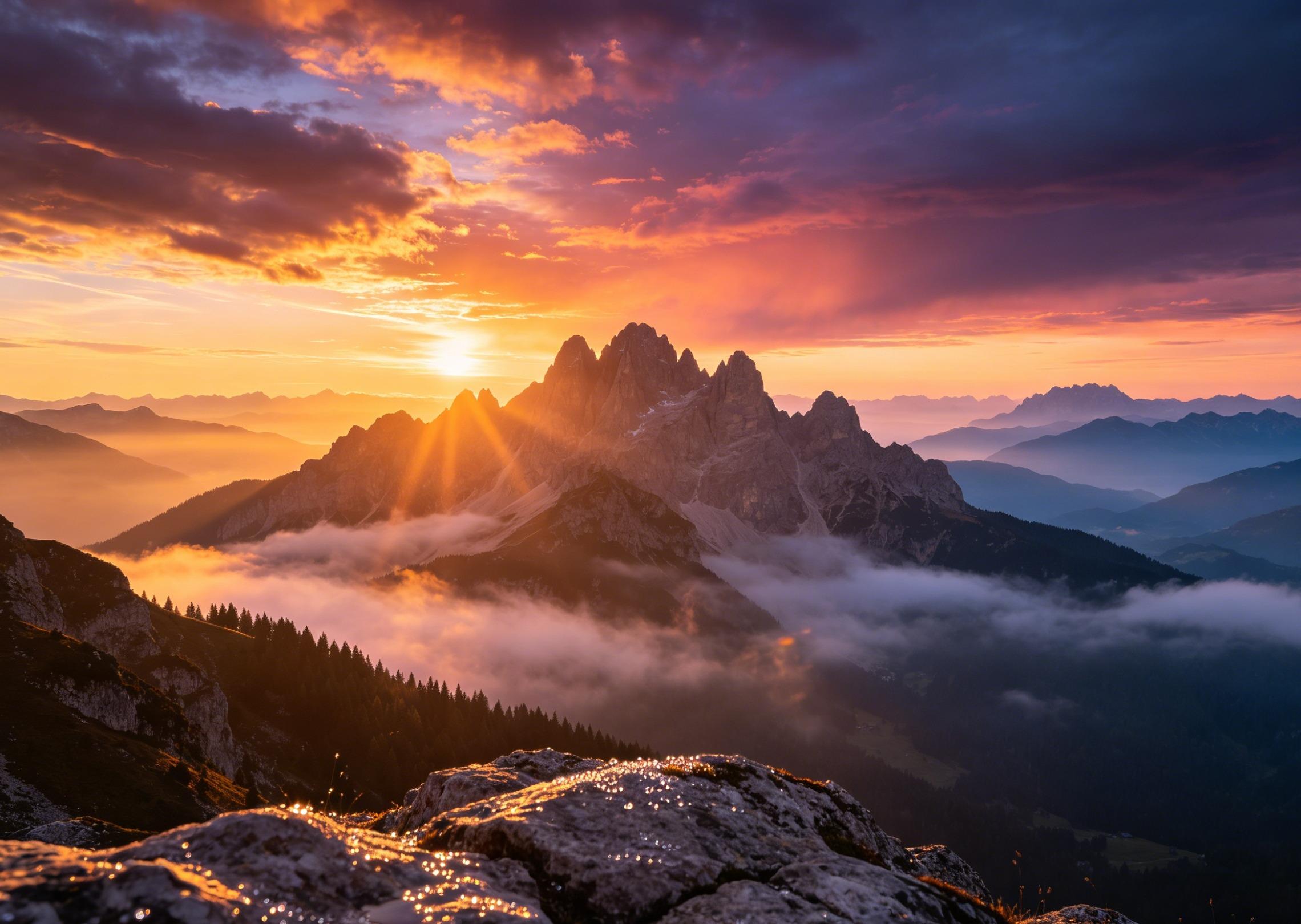 Create a stunning mountain landscape at sunrise