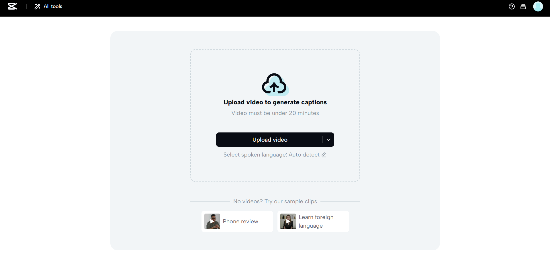 Interface ng gumagawa ng caption ng CapCut Web AI