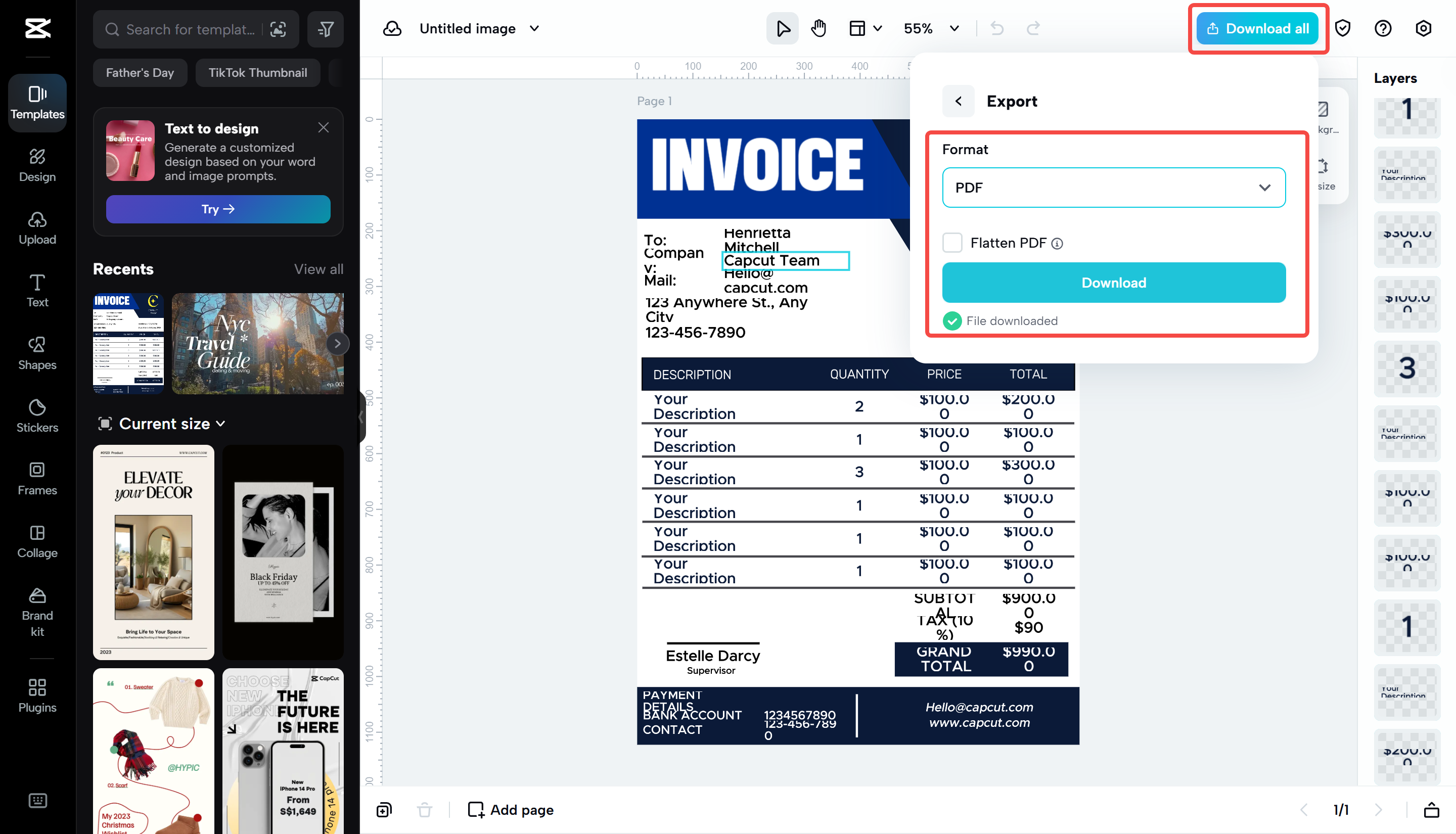 Mengeksport invois daripada CapCut Web