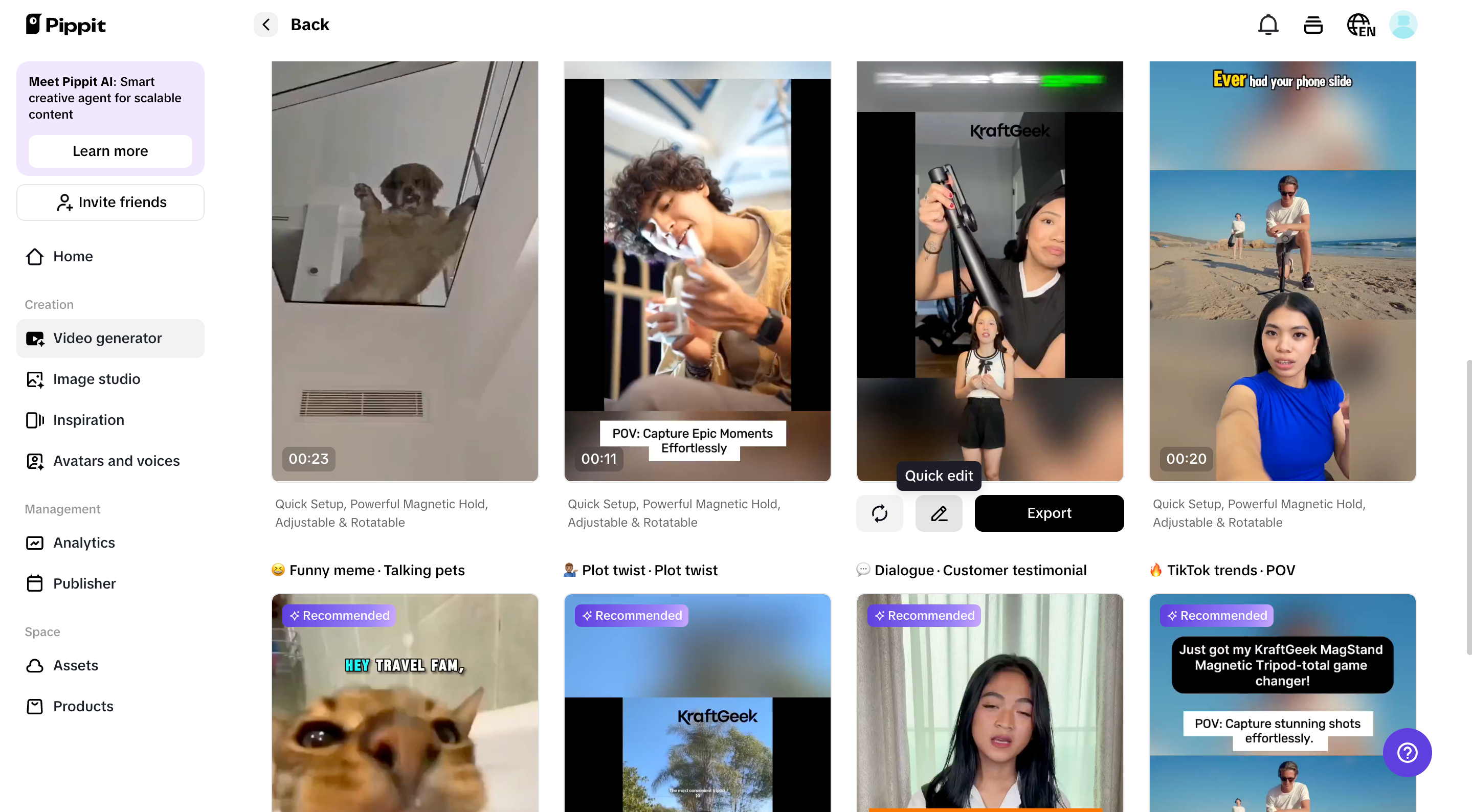 Preview generated videos and click Quick edit