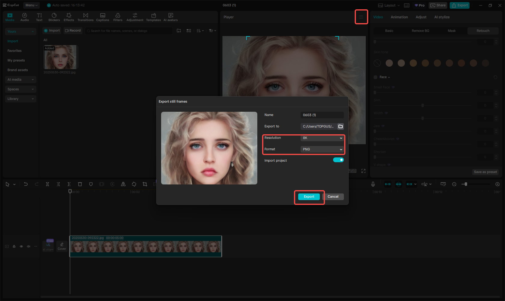 Exporting the image in CapCut