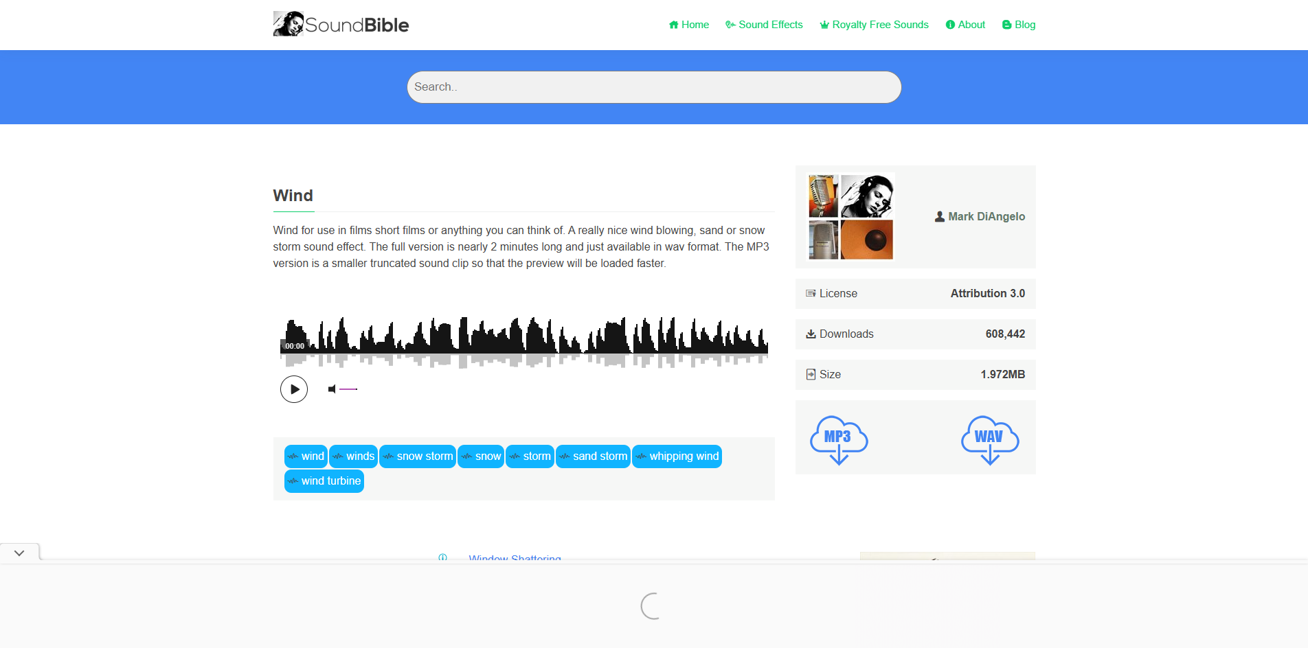 Interfaz de SoundBible: una forma fácil de descargar efectos de sonido de viento