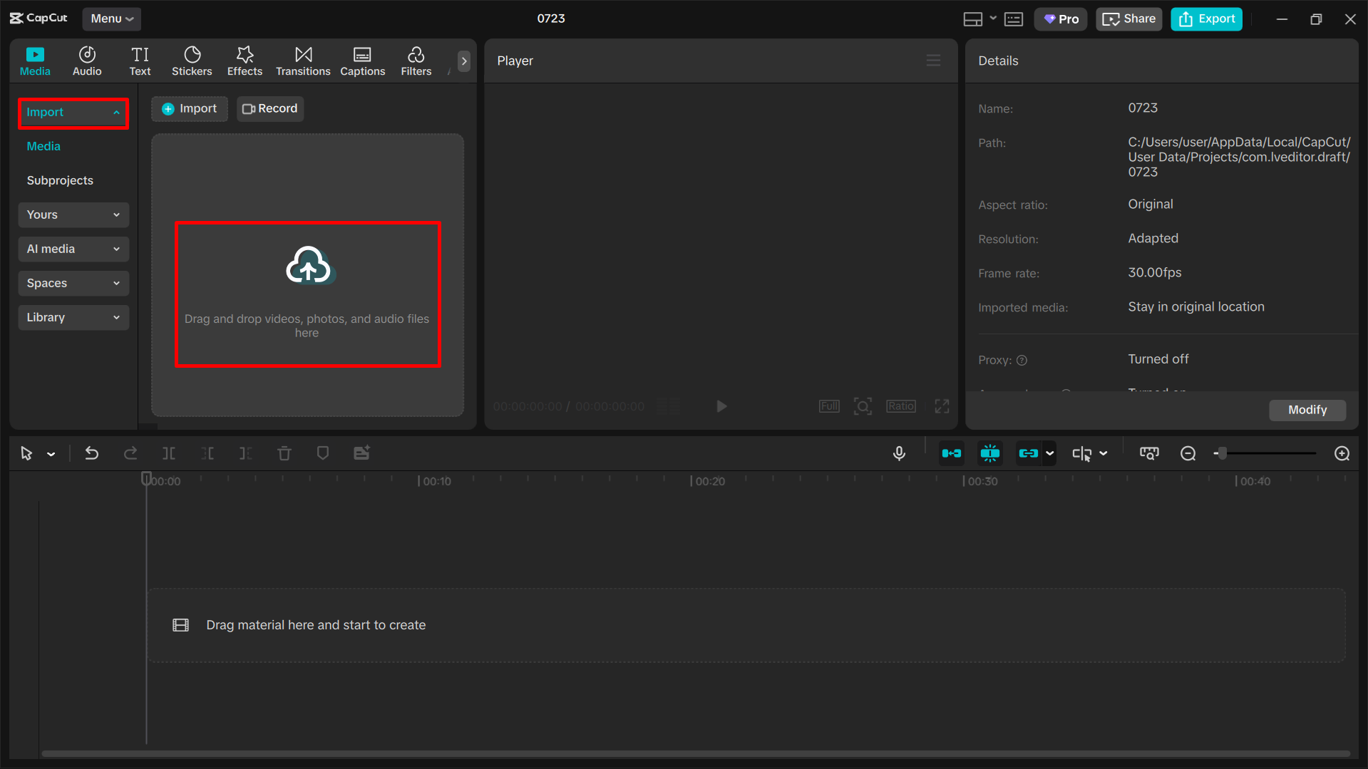 Importing video in the CapCut desktop video editor