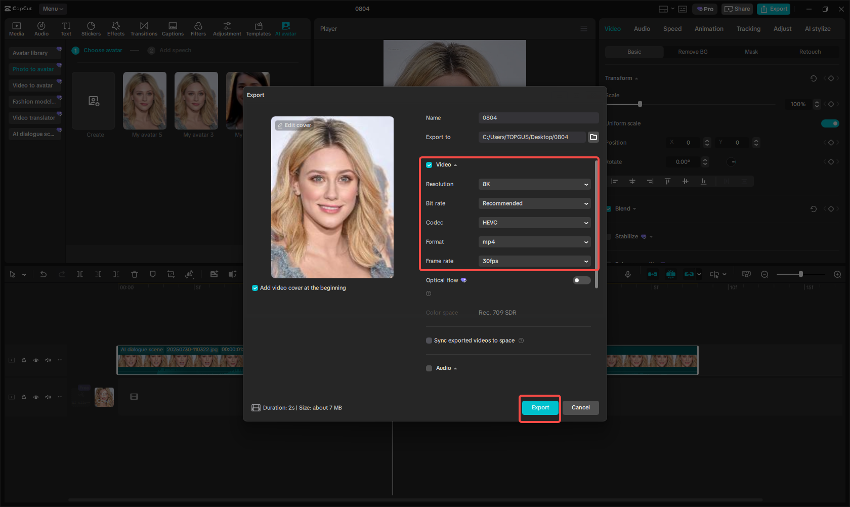 Export the avatar video