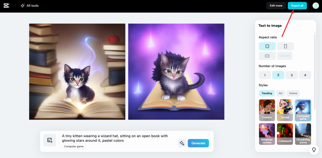 Downloading the AI-generated images from CapCut Web