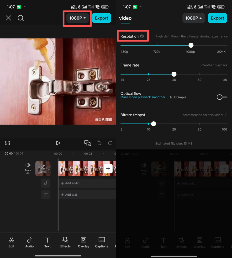 Modifica della risoluzione video nell' CapCut app mobile