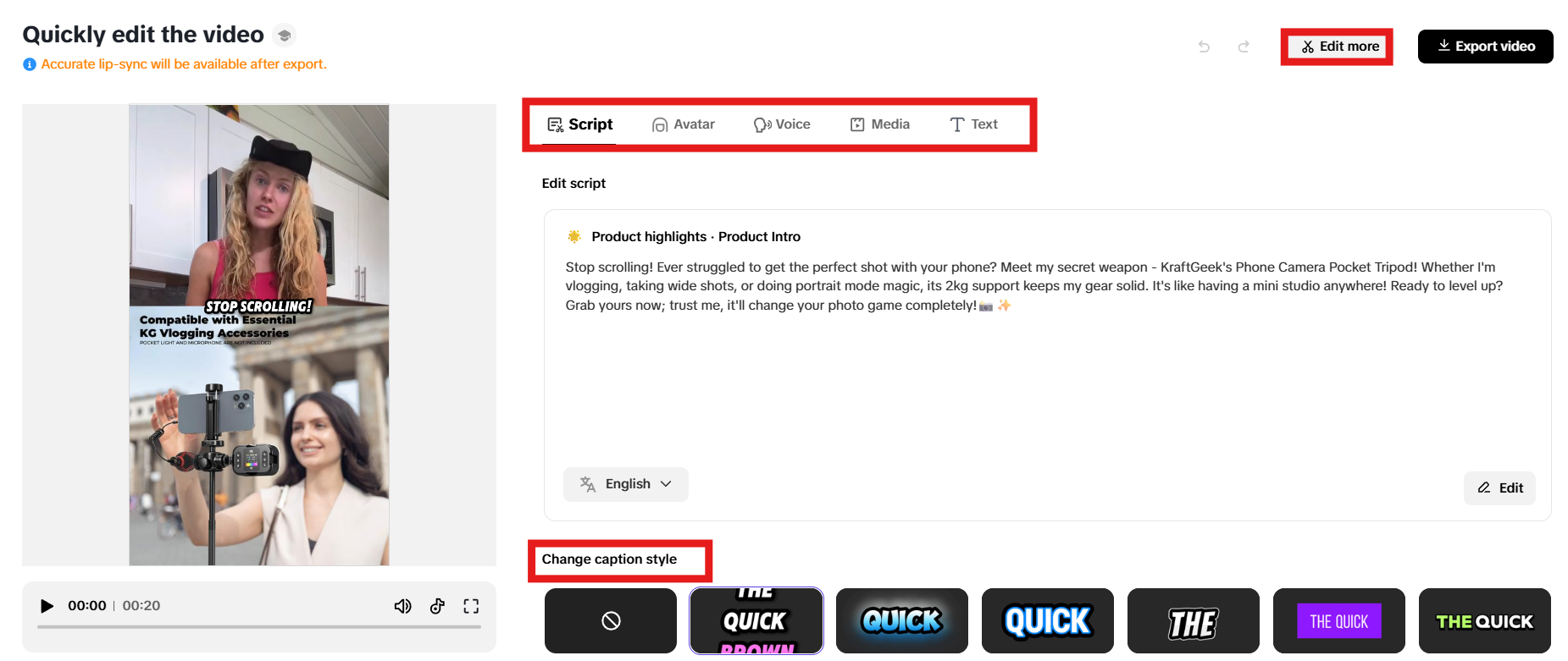 Quick edit options