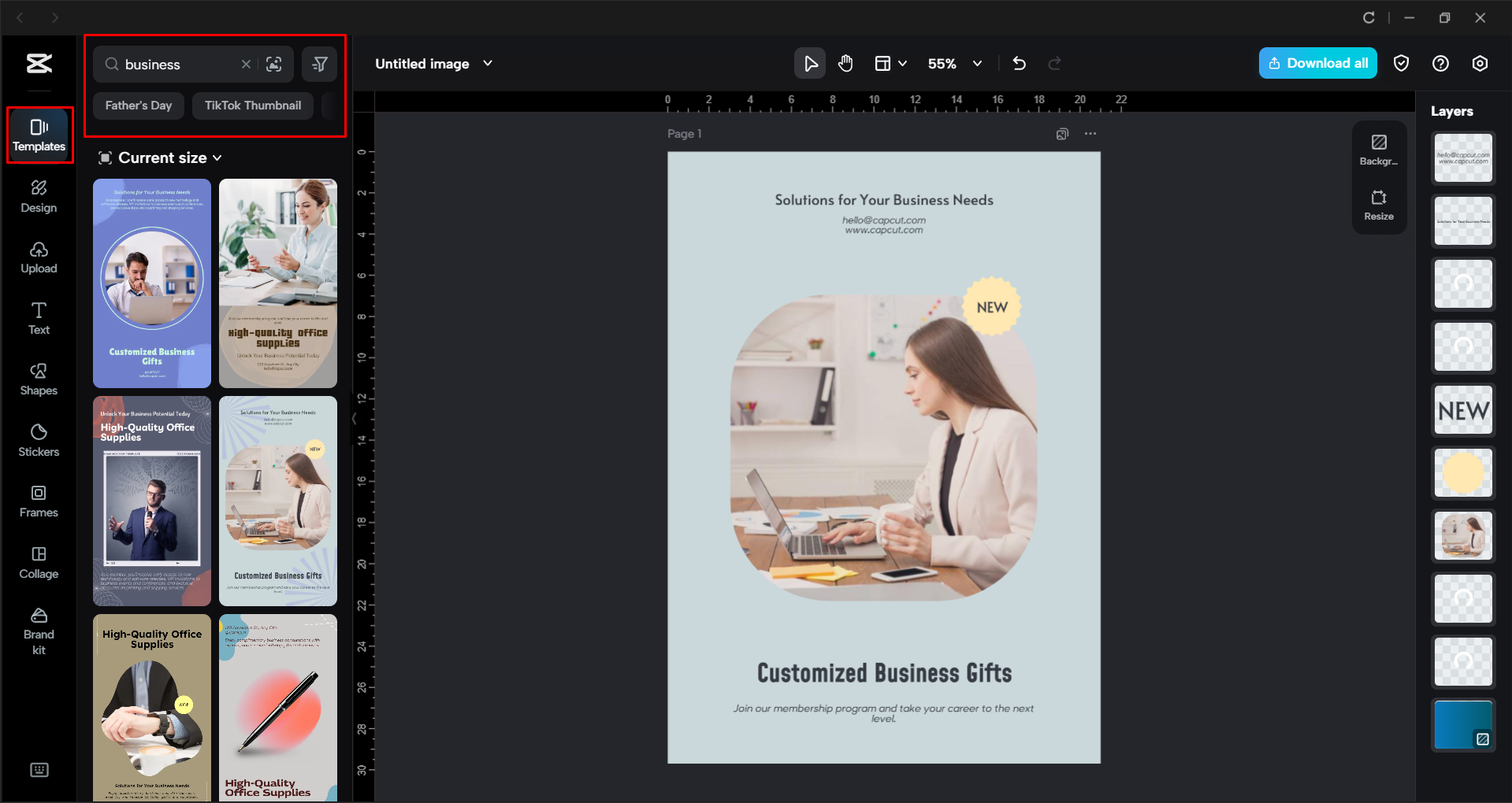 Choosing a business flyer template in the CapCut desktop video editor