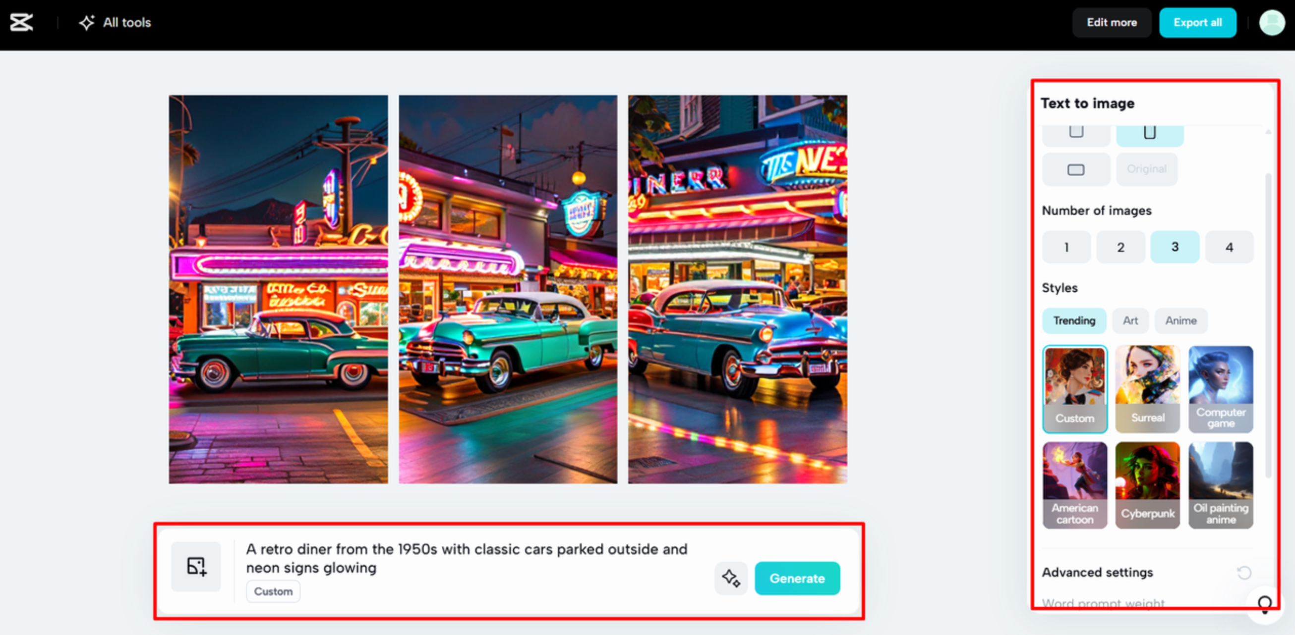 Converting text to an image using CapCut Web's AI image generator