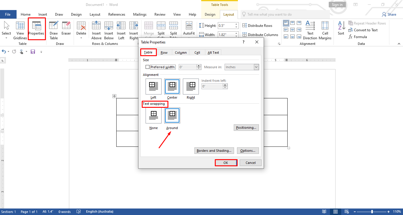 Accéder aux propriétés de la table pour enrouler un mot autour d'une table dans Microsoft Word