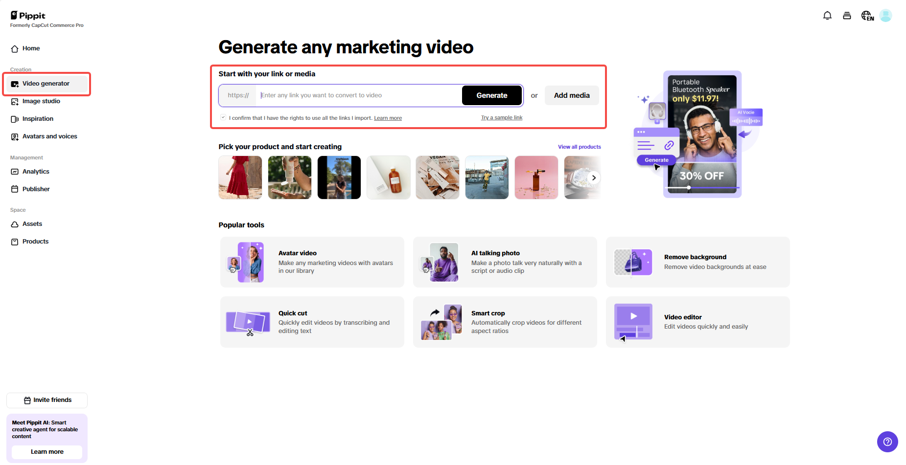 Generate videos with product links or media