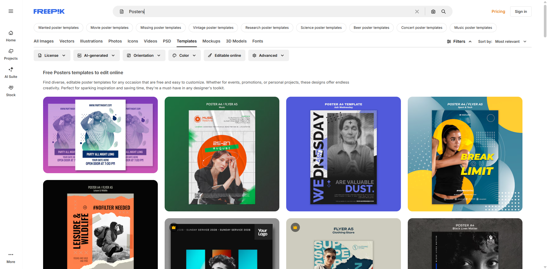 Interface of Freepik - the most liked site to get poster templates