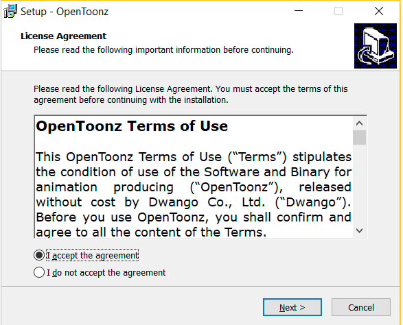 OpenToonzの利用規約に同意する