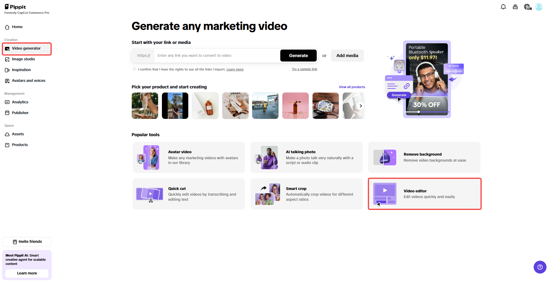 Access the Video editor and upload media