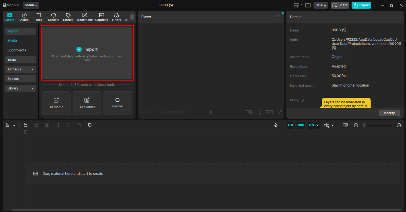 Importing video in the CapCut desktop video editor