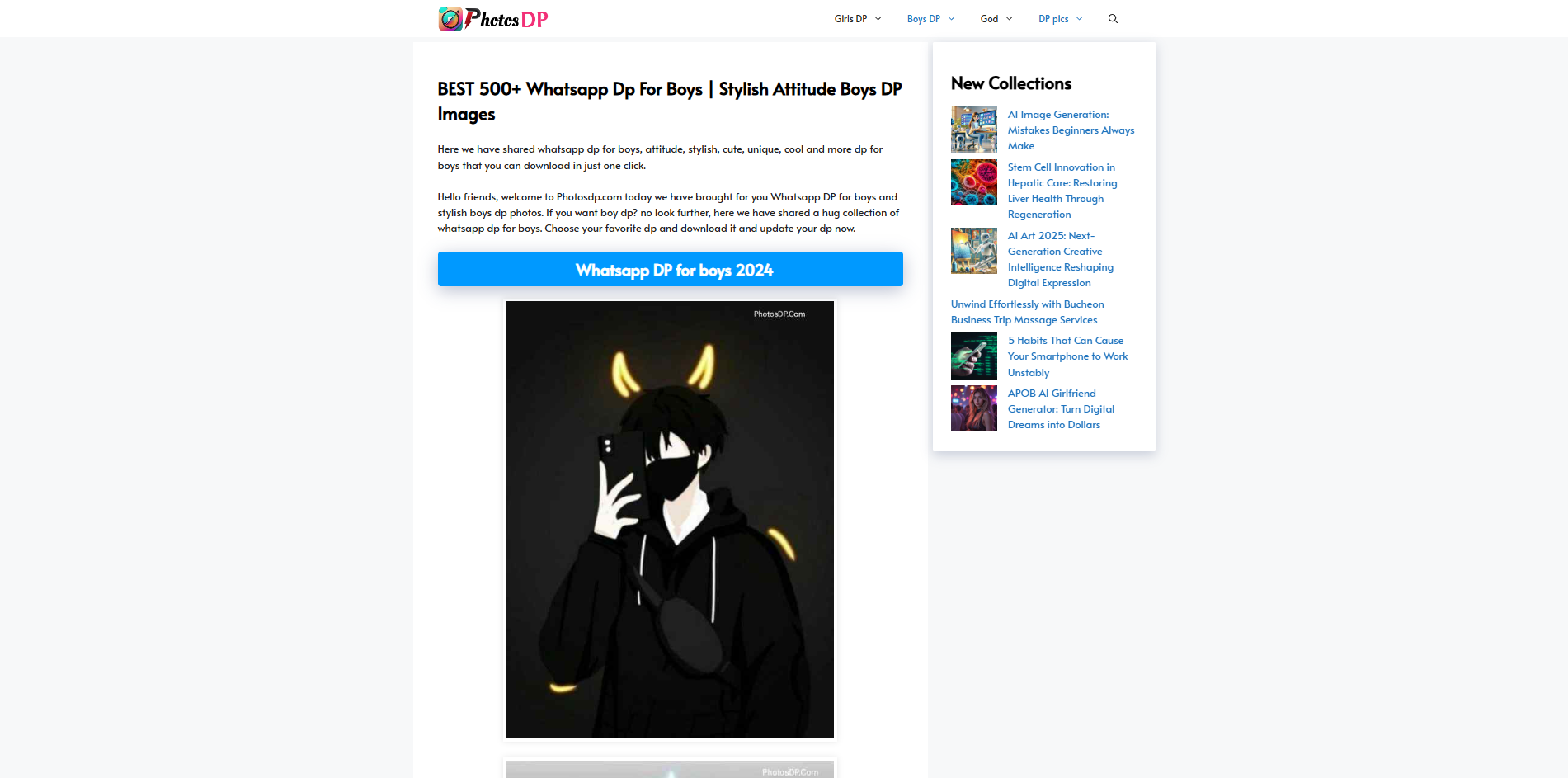 Interface of Photosdp - a valuable site to get Whatsapp profile pics for boys