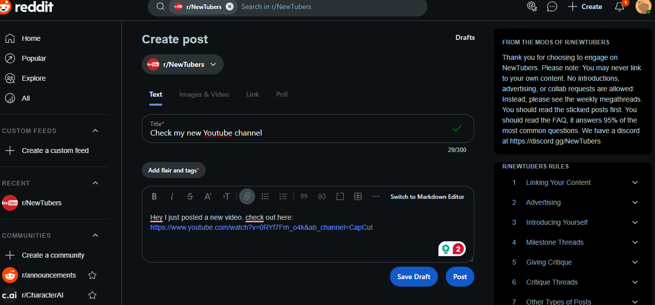 โปรโมตช่อง YouTube บนเรดดิท