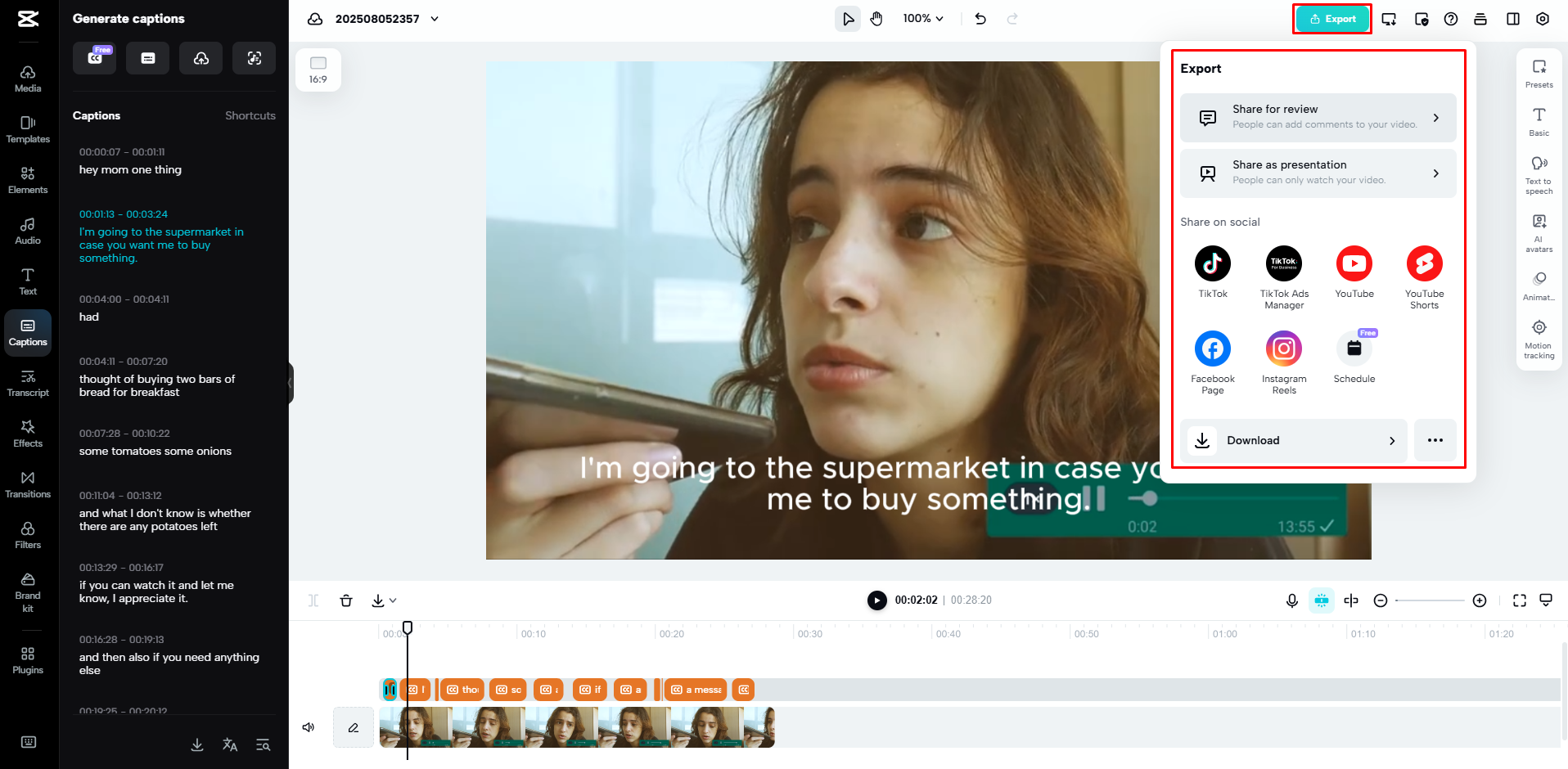 Exportando um vídeo do CapCut Web