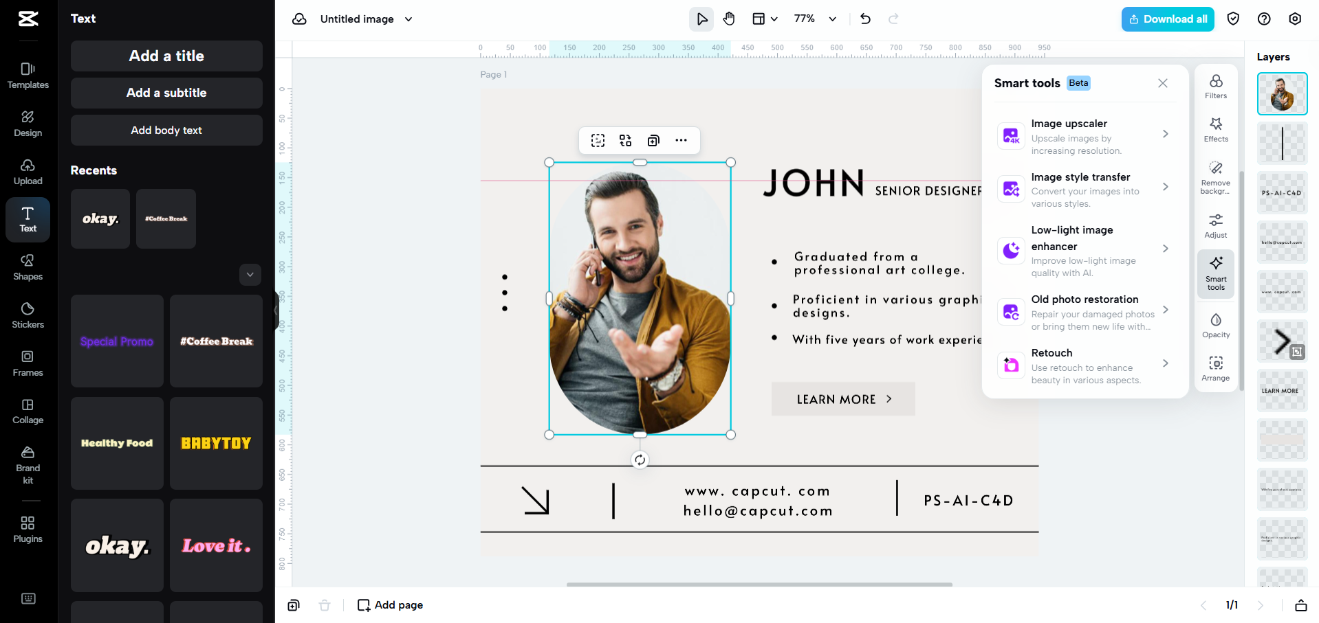 Interface of CapCut Web - an alternative way to customize business card templates