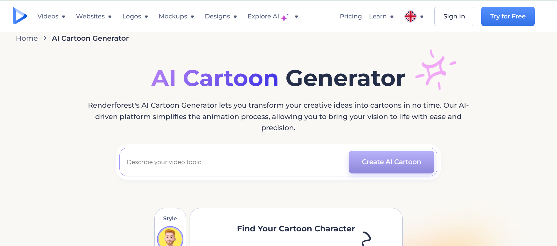 Interface de Renderforest - Générateur vidéo de dessin animé IA gratuit sur PC