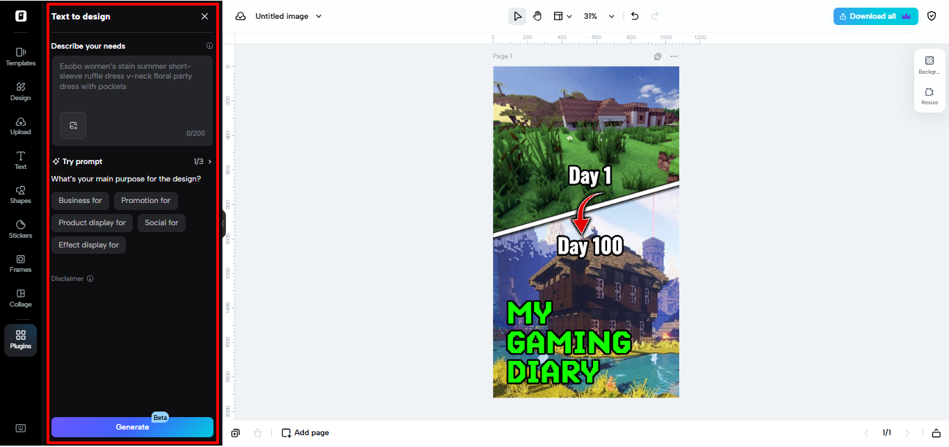 Text to design generator in Pippit