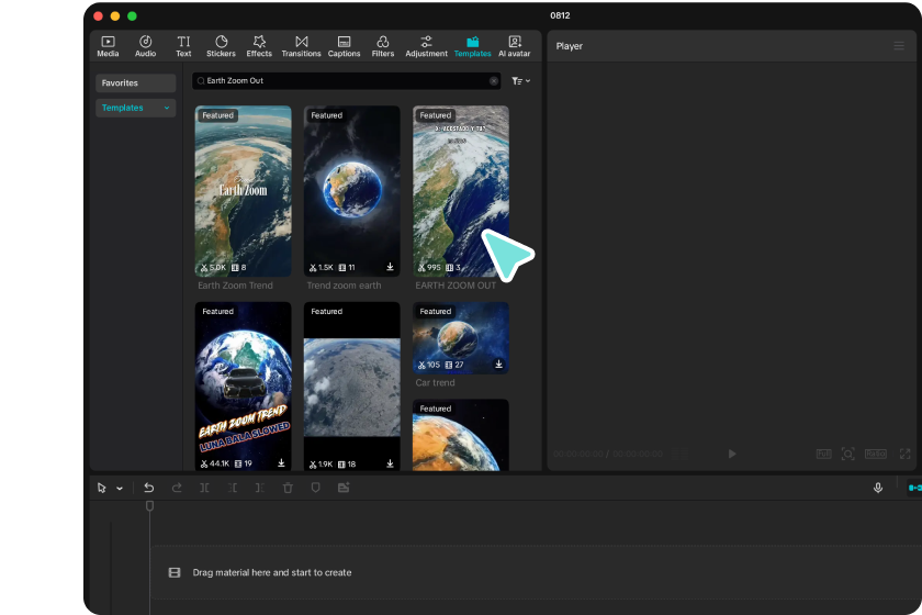 Choose the Earth Zoom out template in CapCut