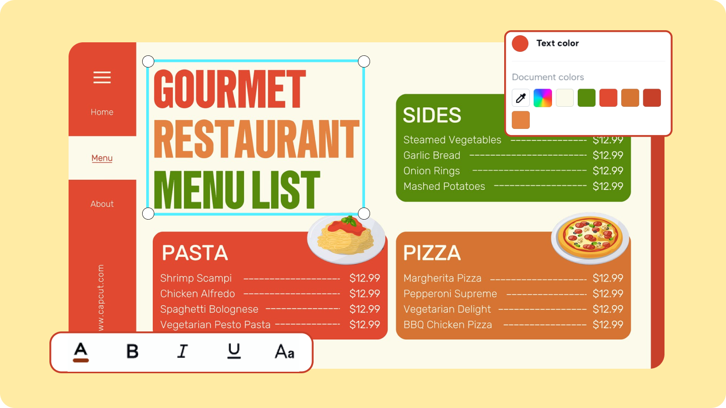 การตัดต่อการสร้างแบรนด์ AI ของร้านอาหารพร้อมการ์ดเมนูและโพสต์โซเชียล