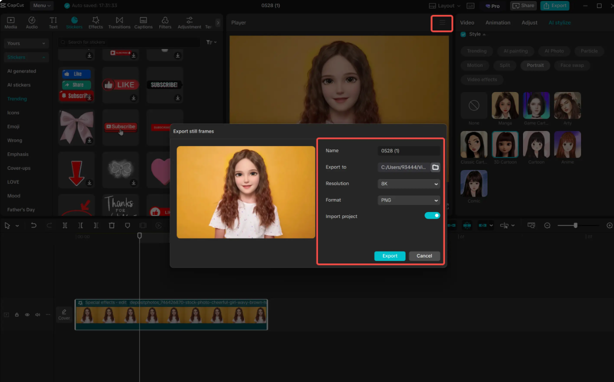 Exporting the avatar from the CapCut desktop video editor