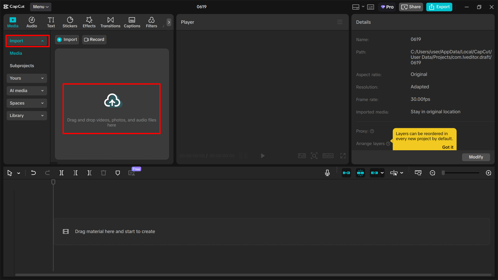 Importazione di contenuti multimediali nell' CapCut editor video desktop