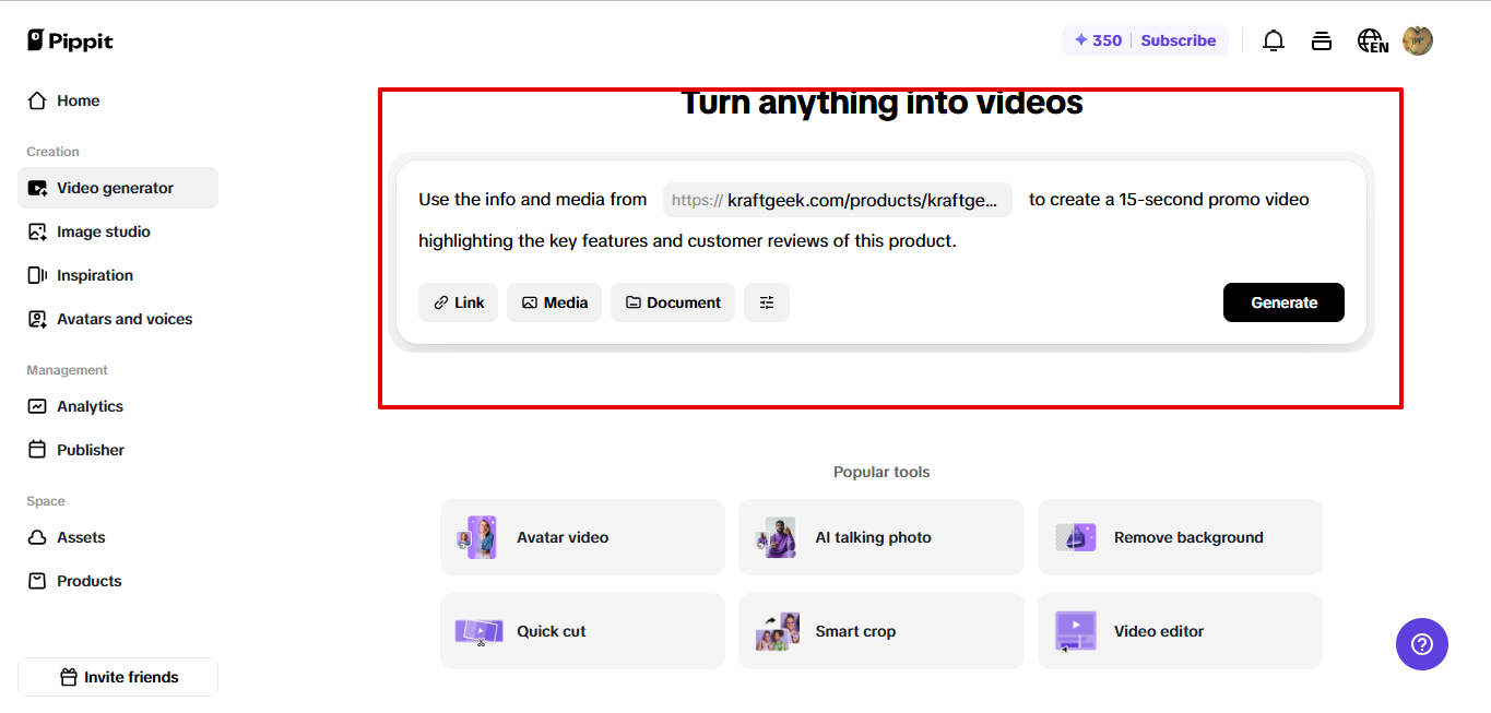 Videogenerator in Pippit