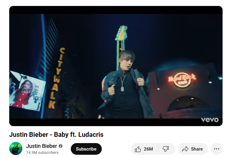 ตัวอย่างเพลงของ Justin Bieber เพื่อทำความเข้าใจรูปแบบเต็มรูปแบบของ ft ในวิดีโอ YouTube